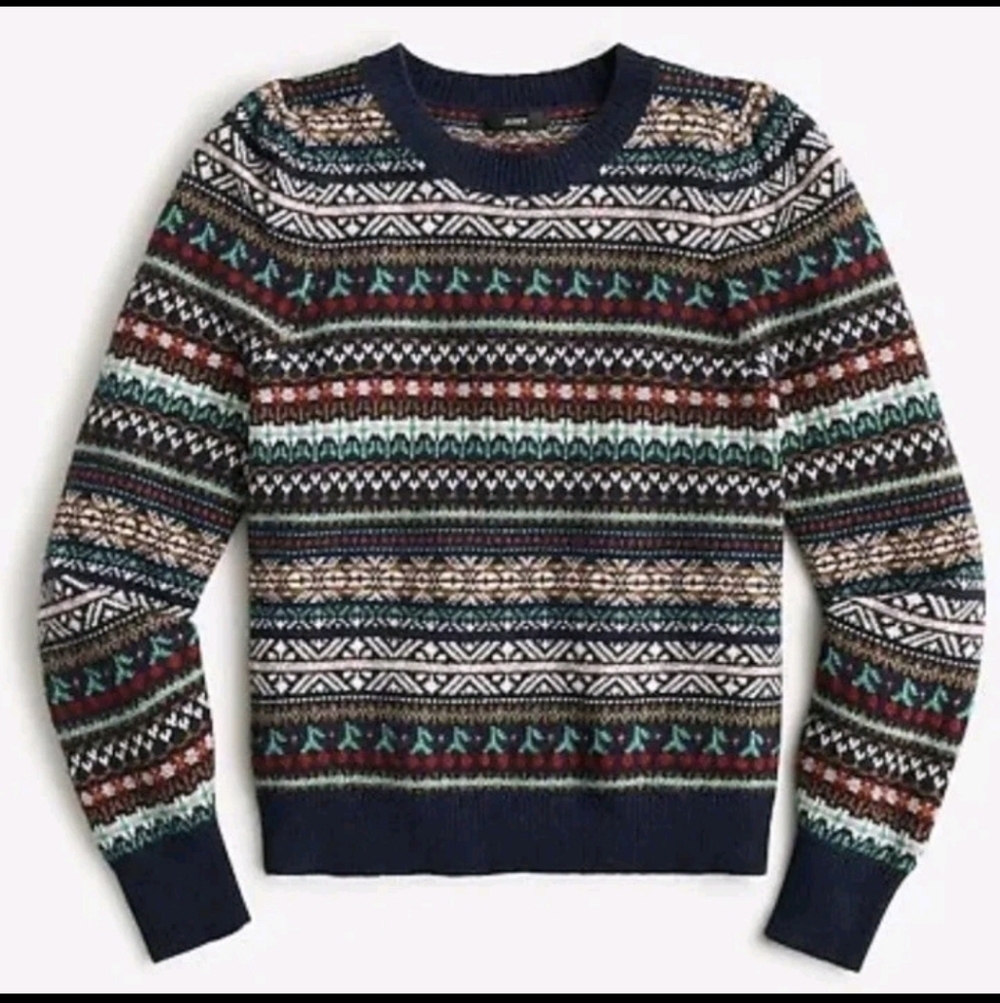 J. Crew Puff Sleeve Fair isle Crew Neck  Cherries Lambs Wool Pullover Sweater